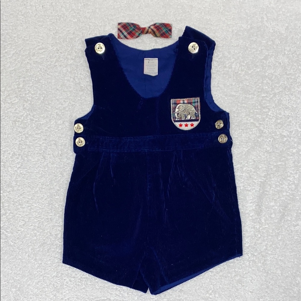Vintage baby togs Blue corduroy Romper Jon Jon  with Plaid Bow Tie 3t
